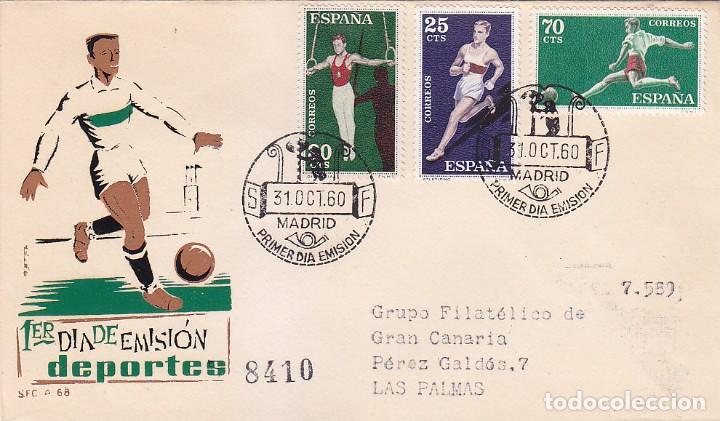 Sellos: FUTBOL DEPORTES 1960 (EDIFIL 1306-08/09) EN SOBRE PRIMER DIA CIRCULADO DEL SERVICIO FILATELICO.