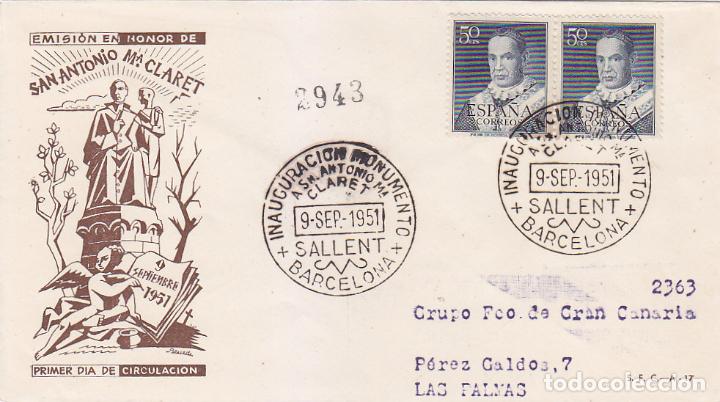 Francobolli: SAN ANTONIO MARIA CLARET 1951 (EDIFIL 1102 DOS SELLOS) EN SPD CIRCULADO DEL SERVICIO FILATELICO.