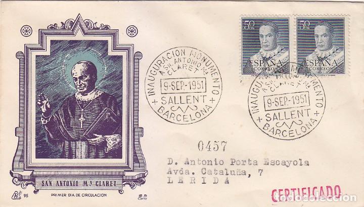 Sellos: SAN ANTONIO MARIA CLARET 1951 (EDIFIL 1102 DOS SELLOS) EN SOBRE PRIMER DIA CIRCULADO DE DP. RARO ASI