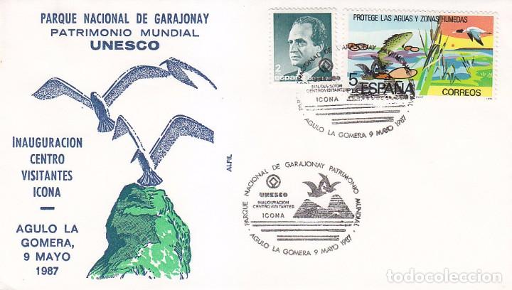 Sellos: GARAJONAY PARQUE NACIONAL PATRIMONIO MUNDIAL, AGULO LA GOMERA (CANARIAS) 1987. RARO MATASELLOS SOBRE