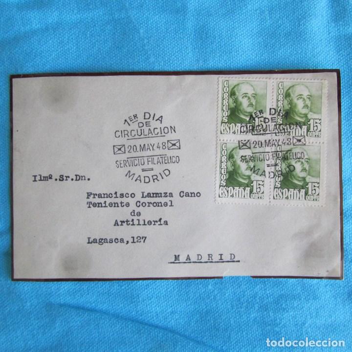 Briefmarken: 1948. Sobre primer d&iacute;a. Dirigida a Teniente Coronel de Artiller&iacute;a