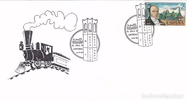 Sellos: VINO VENDIMIA TRENES EL ESLA 10, CARI&Ntilde;ENA 1994. RARO MATASELLOS FERROCARRIL EN SOBRE ILUSTRADO.