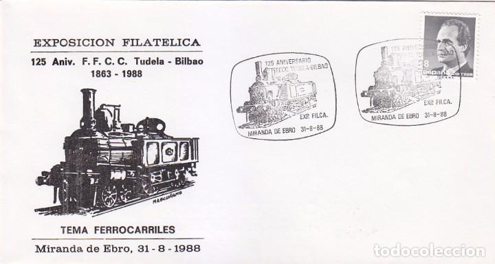 Selos: TRENES FERROCARRIL TUDELA-BILBAO 125 ANIV, MIRANDA DE EBRO (BURGOS) 1988 MATASELLOS RARO SOBRE ILUST