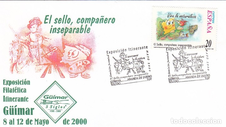 Sellos: PINTURA EXPOSICION ITINERANTE JUVENTUD, G&Uuml;IMAR (CANARIAS) 2000. RARO MATASELLOS EN SOBRE ILUSTRADO.