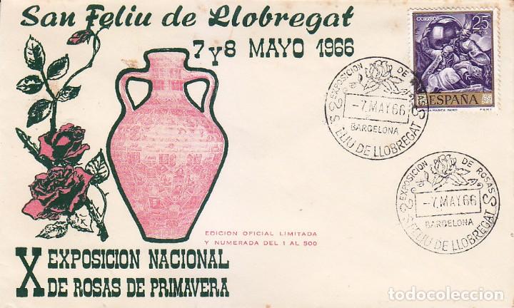 Sellos: ROSAS EXPOSICION NACIONAL, SAN FELIU DE LLOBREGAT (BARCELONA) 1966. MATASELLOS EN RARO SOBRE EO ROSA