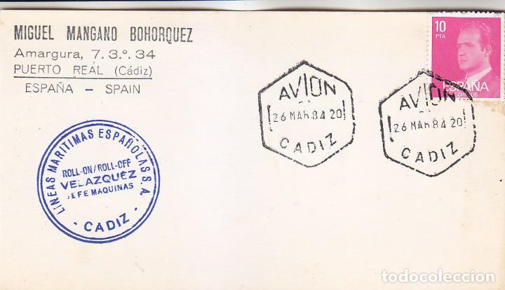 Sellos: BARCOS VELAZQUEZ MARCA NAVAL ROLL-ON/ROLL-OFF, CADIZ 1984. MATASELLOS AVION EN TARJETA. RARO ASI.