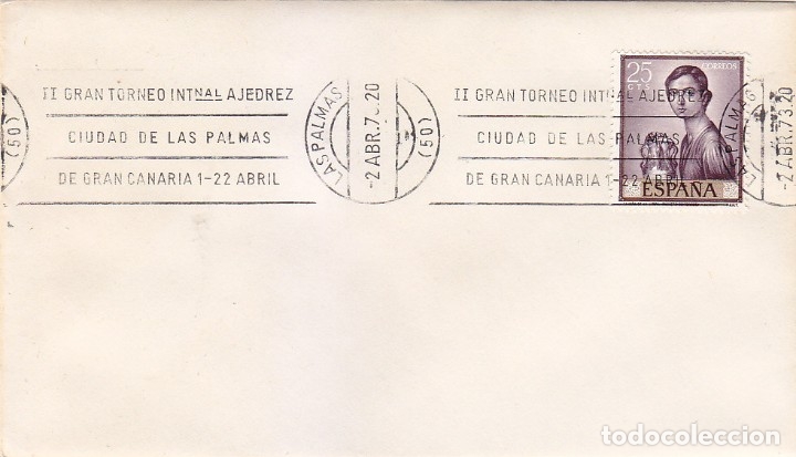 Sellos: AJEDREZ II GRAN TORNEO CIUDAD DE LAS PALMAS (CANARIAS) 1973. RARO MATASELLOS DE RODILLO EN SOBRE.