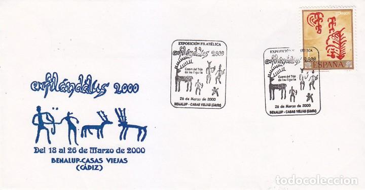 Sellos: PINTURAS RUPESTRES CUEVA DEL TAJO EXPOFIL, BENALUP (CADIZ) 2000. MATASELLOS RARO SOBRE 1 PREHISTORIA