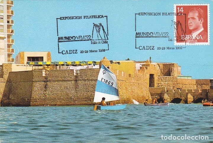 Sellos: DEPORTES BARCOS MUNDO VELA 92 EXPOSICION BAHIA DE CADIZ 1992. RARO MATASELLOS EN TARJETA MODELO 1.