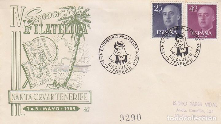 Sellos: CENTENARIO CIUDAD IV EXPOSICION, SANTA CRUZ TENERIFE CANARIAS 1959 MATASELLOS SOBRE CIRCULADO DP RWR