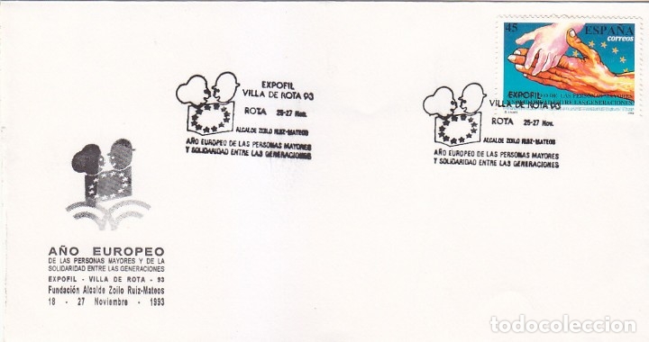 Sellos: A&Ntilde;O EUROPEO DE LAS PERSONAS MAYORES EXPOFIL VILLA DE ROTA (CADIZ) 1993 MATASELLOS EN SOBRE ILUSTRADO