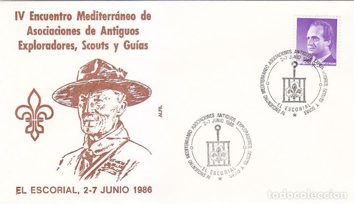 Timbres: SCOUT IV ENCUENTRO ANTIGUOS SCOUTS, EL ESCORIAL (MADRID) 1986. RARO MATASELLOS EN SOBRE DE ALFIL.