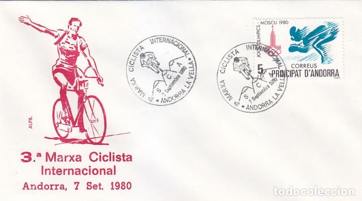 Sellos: CICLISMO 3&ordf; MARXA CICLISTA INTERNACIONAL ANDORRA ESPA&Ntilde;OLA 1980. RARO MATASELLOS EN SOBRE DE ALFIL