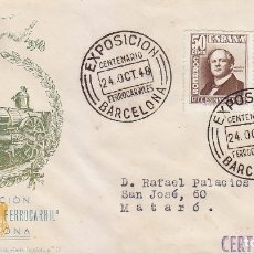 Sellos: TRENES CENTENARIO FERROCARRILES, BARCELONA 24 OCTUBRE 1948. MATASELLOS EN SOBRE CIRCULADO DE DP.. Lote 22232674
