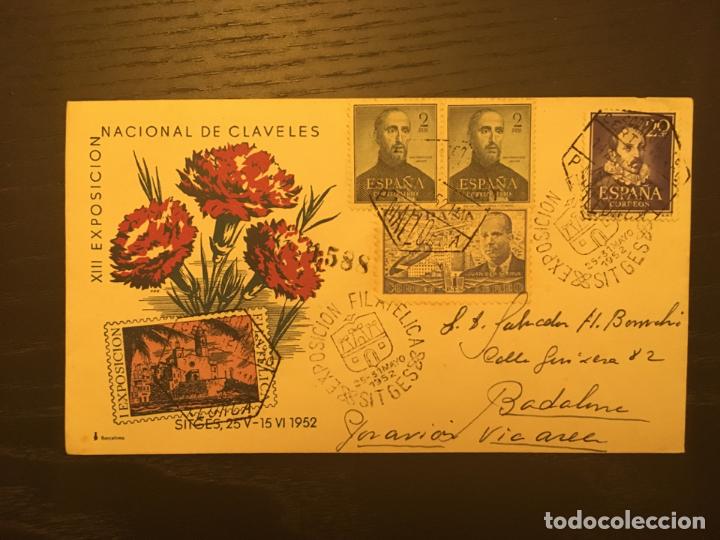 Sellos: Sitges Tarjeta matasellos especial 1952 Exposici&oacute;n Nacional de Claveles Sellos San Francisco Javier