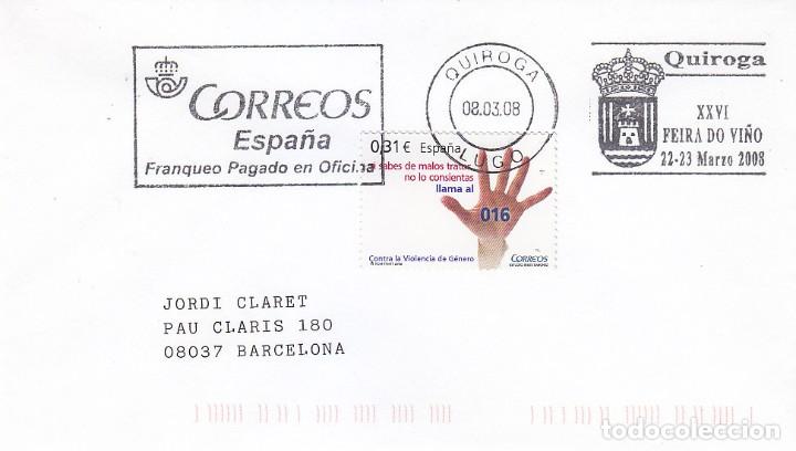 Briefmarken: VINO VENDIMIA XXVI FEIRA DO VI&Ntilde;O, QUIROGA (LUGO) 2008. RARO MATASELLOS DE RODILLO EN SOBRE.