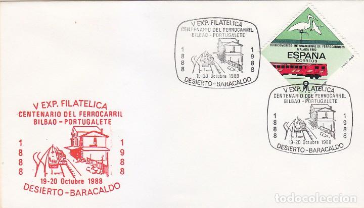 Selos: TRENES FERROCARRIL BILBAO-PORTUGALETE CENTENARIO, DESIERTO-BARACALDO (VIZCAYA) 1988. RARO MATASELLOS