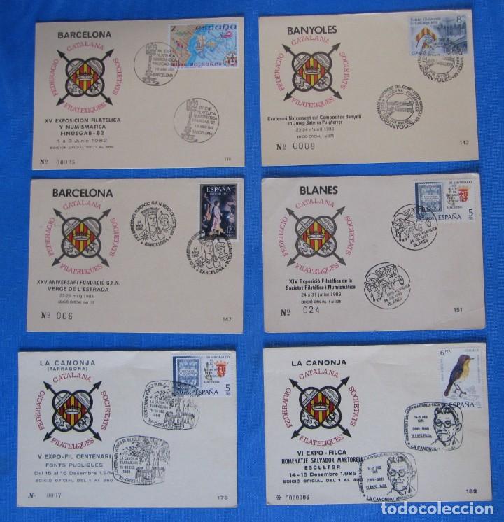 Sellos: LOTE DE 6 TARJETAS CON MATASELLOS. 1982, 1983, 1984, 1985. FEDERACI&Oacute; CATALANA SOCIETATS FILAT&Egrave;LIQUES