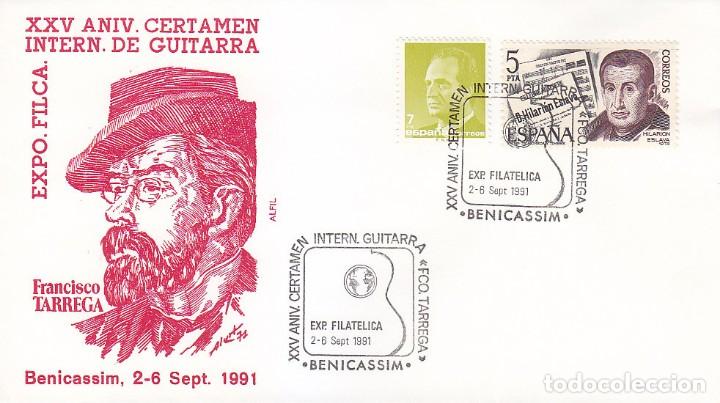 Sellos: MUSICA GUITARRA FRANCISCO TARREGA CERTAMEN BENICASSIM BENICASIM (CASTELLON) 1991 MATASELLOS EN SOBRE