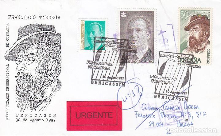 Sellos: MUSICA GUITARRA FRANCISCO TARREGA CERTAMEN BENICASSIM BENICASIM (CASTELLON) 1997 MATASELLOS EN SOBRE