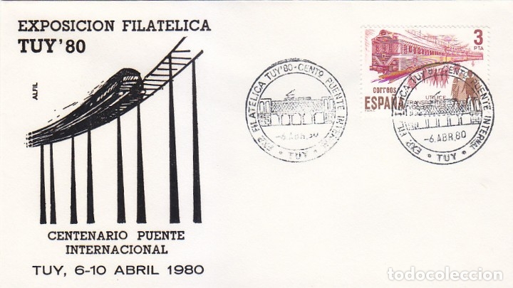 Selos: TRENES CENTENARIO PUENTE INTERNACIONAL, TUY PONTEVEDRA 1980. MATASELLOS FERROCARRIL EN SOBRE ALFIL.