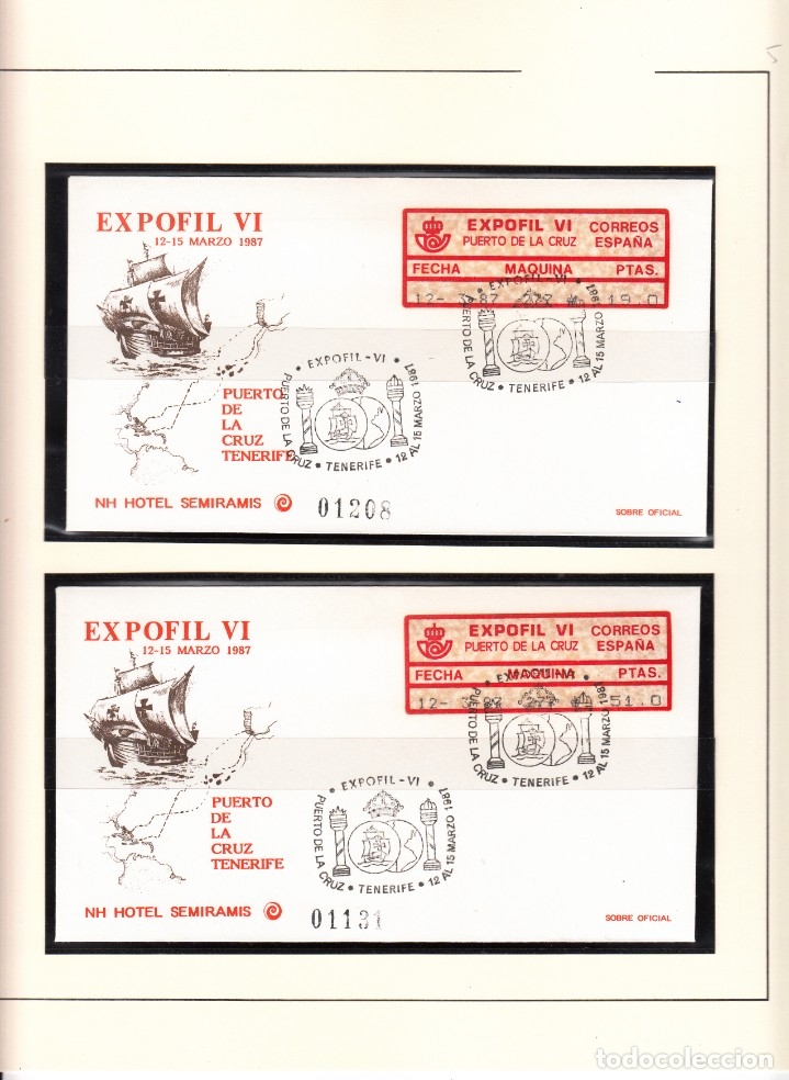 Sellos: EPELSA 2 SOBRES CON ETIQUETAS Y MATASELLOS DE EXPOFIL VI EN PUERTO DE LA CRUZ 1987