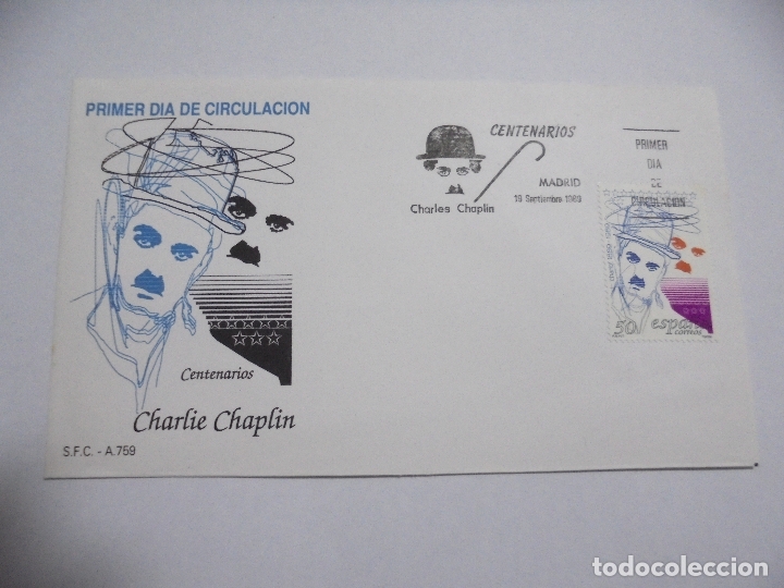Sellos: SOBRE PRIMER DIA. CENTENARIOS. CHARLES CHAPLIN. 1989 - Foto 1