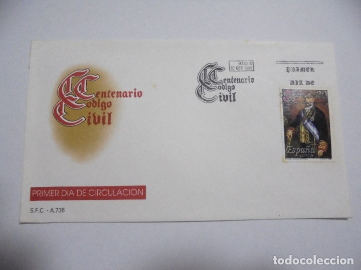 Sellos: SOBRE PRIMER DIA. CENTENARIO CODIGO CIVIL 1988. MADRID - Foto 1
