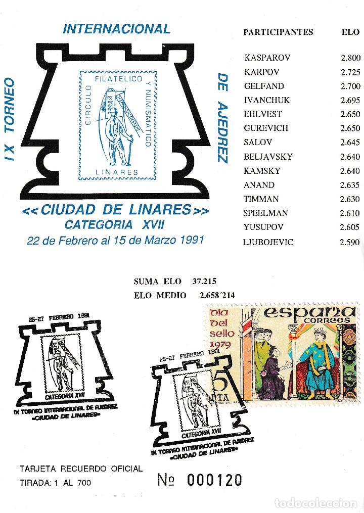 Francobolli: AJEDREZ IX TORNEO INTERNACIONAL CIUDAD DE LINARES (JAEN) 1991. MATASELLOS TARJETA CORTA TIRADA. RARO