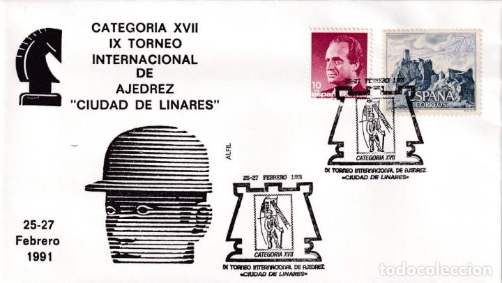 Selos: AJEDREZ IX TORNEO INTERNACIONAL CIUDAD DE LINARES (JAEN) 1991. RARO MATASELLOS EN SOBRE DE ALFIL.