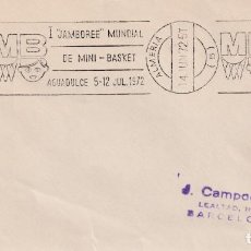 Selos: BALONCESTO I JAMBOREE MUNDIAL MINI-BASKET AGUADULCE, ALMERIA 1972. RARO MATASELLOS RODILLO EN SOBRE. Lote 194948968