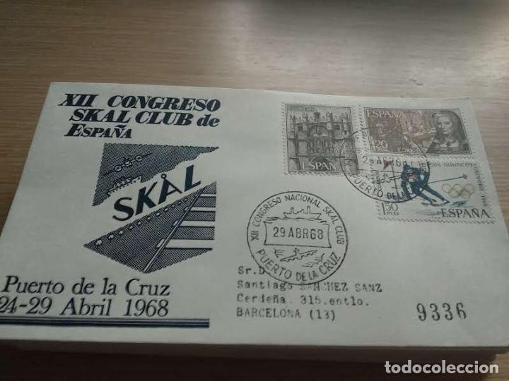 Sellos: SOBRE ALFIL CIRCULADO 1968 CONGRESO SKAL CLUB PUERTO DE LA CRUZ AVI&Oacute;N BARCO GALINDO BURGOS SKI