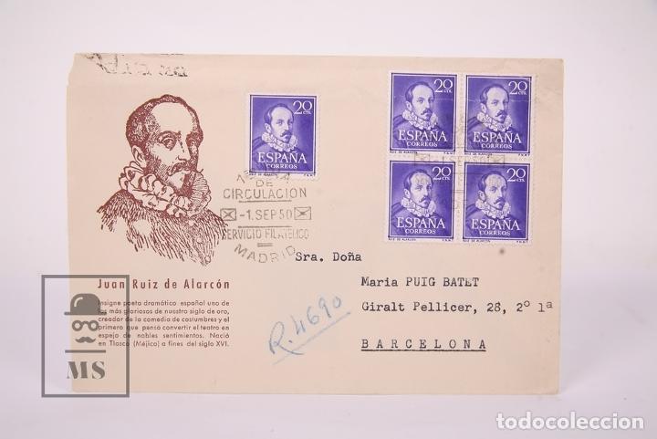 Briefmarken: Sobre 1&ordm; D&iacute;a del Sello - Edifil N&ordm; 1074 - Sello + Bloque de 4 - 1 de Septiembre de 1950 - Pivado