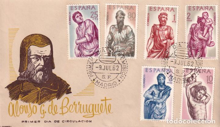 Sellos: ALONSO DE BERRUGUETE 1962 (EDIFIL 1438/43) EN SOBRE PRIMER DIA DE SOBREFIL. BONITO Y RARO ASI.