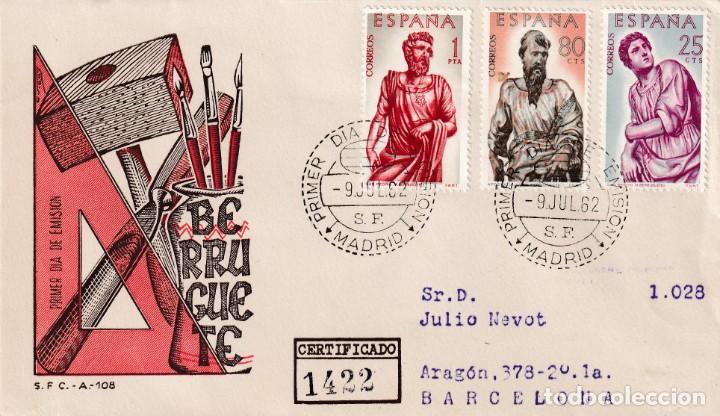 Sellos: ALONSO DE BERRUGUETE 1962 (EDIFIL 1438/40) EN SPD CIRCULADO DEL SERVICIO FILATELICO DE CORREOS.