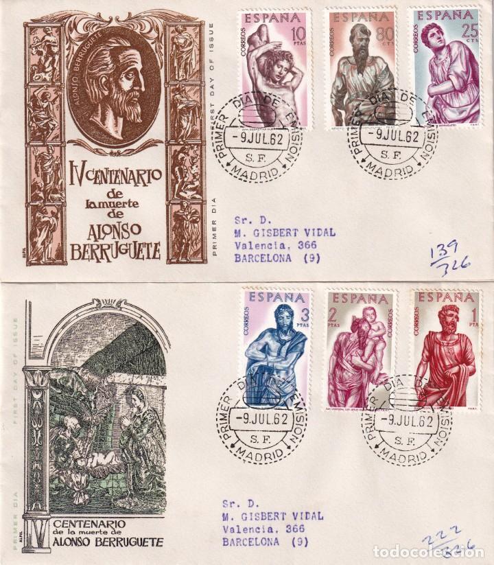 Sellos: ALONSO DE BERRUGUETE 1962 (EDIFIL 1438/43) EN DOS SOBRES PRIMER DIA CIRCULADOS DE ALFIL RAROS ASI