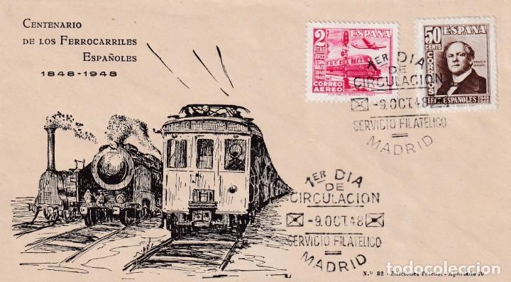 Francobolli: TRENES CENTENARIO DEL FERROCARRIL 1948 (EDIFIL 1037-1039) EN SOBRE PRIMER DIA ET. BONITO Y RARO ASI.