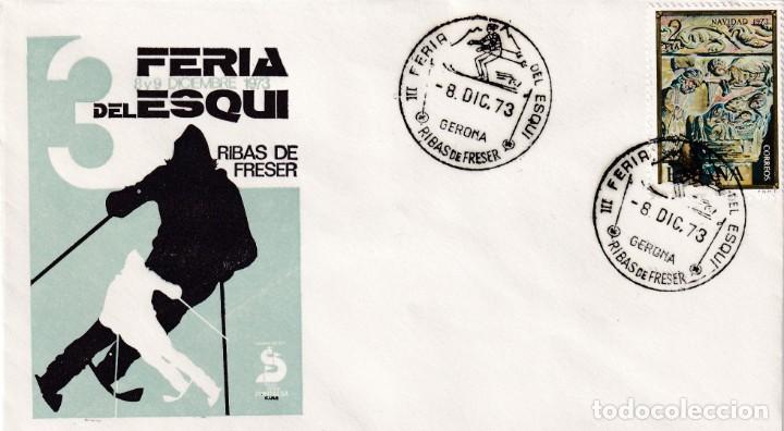 Sellos: DEPORTES ESQUI III FERIA, RIBAS DE FRESER (GERONA) 8 DICIEMBRE 1973. MATASELLOS EN SOBRE EO RARO ASI