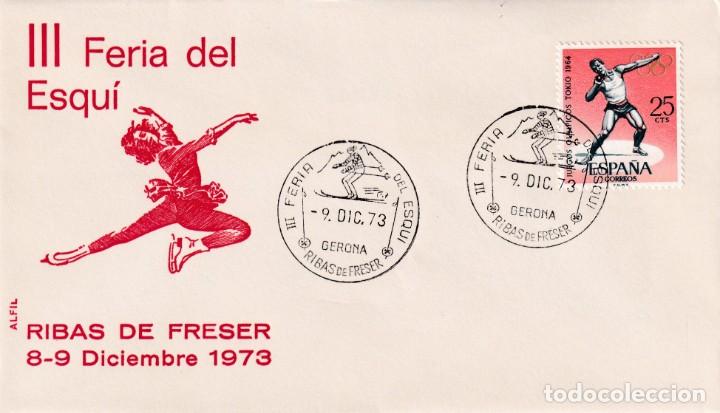 Sellos: DEPORTES ESQUI III FERIA, RIBAS DE FRESER (GERONA) 9 DICIEMBRE 1973. RARO MATASELLOS EN SOBRE ALFIL.