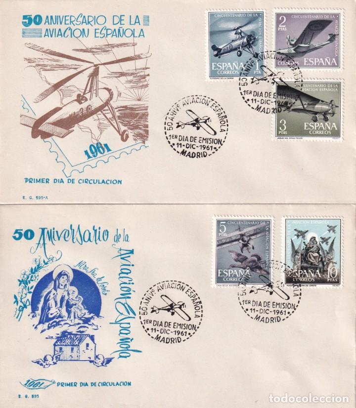 Sellos: AVIACION ESPA&Ntilde;OLA L 50 ANIVERSARIO 1961 (EDIFIL 1401/05) EN DOS SOBRES PRIMER DIA DE EG. RAROS ASI.