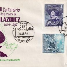 Sellos: PINTURA VELAZQUEZ III CENTENARIO 1961 (EDIFIL SH 1344/47) EN SOBRE PRIMER DIA DE ALONSO. RARO ASI.