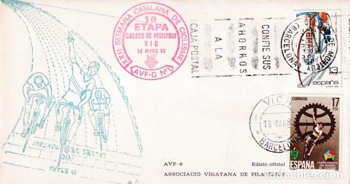 Sellos: DEPORTES CICLISMO MARCA ROJA Y DOBLE MATASELLOS CALDES DE MONTBUI Y VIC (BARCELONA) 1985. RARO SOBRE