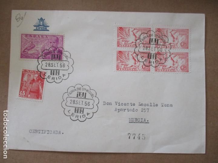 Sellos: FERIA DE SAN MIGUEL LLEIDA LERIDA 1956 A MURCIA