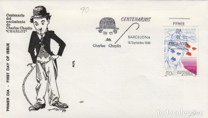 Sellos: 1989 ed 3014 CENTENARIOS , CHAPLIN ALFIL .SOBRE PRIMER DIA SPD