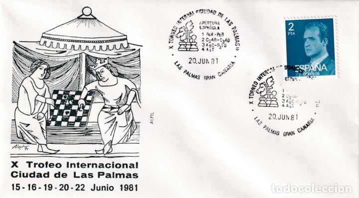Sellos: AJEDREZ X TROFEO INTERNACIONAL CIUDAD DE LAS PALMAS (CANARIAS) 1981. MATASELLOS EN SOBRE ALFIL RWR
