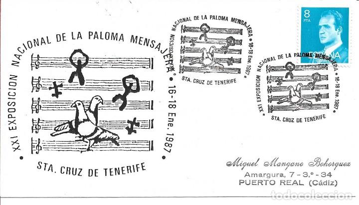 Sellos: PALOMA MENSAJERA XXI EXPOSICION SANTA CRUZ DE TENERIFE CANARIAS 1987 MATASELLO SOBRE ILUSTRADO NEGRO