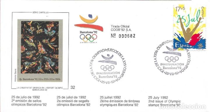 Timbres: INAUGURACION BARCELONA 92 JUEGOS XXV OLIMPIADA 1992. MATASELLOS RARO SOBRE 32 OFICIAL COOB JOCS. MPM
