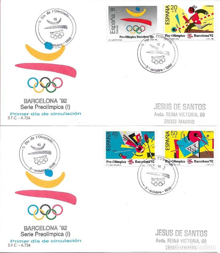 Sellos: DEPORTES OLIMPIADAS BARCELONA-92 I SERIE PRE-OLIMPICA 1988 (EDIFIL 2963/66) EN DOS SPD DEL SFC CU&Ntilde;O.