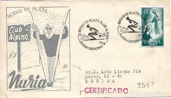 Sellos: DEPORTES ESQUI BODAS DE PLATA DEL CLUB ALPINO NURIA (GERONA) 1958 MATASELLOS SOBRE CIRCULADO DP RARO