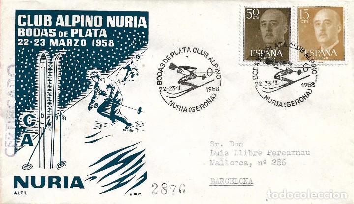 Sellos: DEPORTES ESQUI BODAS DE PLATA DEL CLUB ALPINO, NURIA (GERONA) 1958. MATASELLOS SOBRE CIRCULADO ALFIL